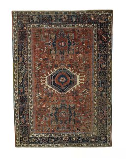 Full view of 1930s Heriz rug from Iran / Persia, 188 × 138 cm in Red tones