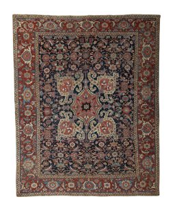 Full view of 1930s Heriz rug from Iran / Persia, 367 × 296 cm in Blue tones