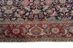 Full view of 1930s Heriz rug from Iran / Persia, 367 × 296 cm in Blue tones