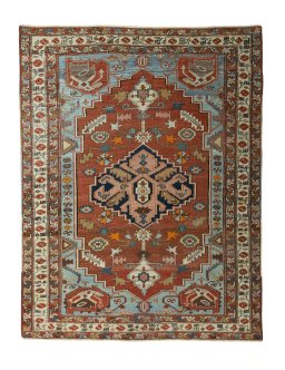 Full view of 1930s Heriz rug from Iran / Persia, 186 × 144 cm in Red tones