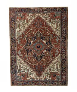 Full view of 1930s Heriz rug from Iran / Persia, 355 × 262 cm in Red tones