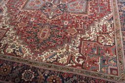 Close-up detail of 1930s Heriz rug from Iran / Persia showing Wool weave
