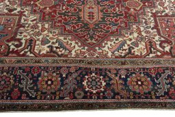 Full view of 1930s Heriz rug from Iran / Persia, 406 × 312 cm in Red tones
