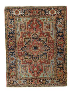 Full view of 1930s Heriz rug from Iran / Persia, 200 × 152 cm in Red tones