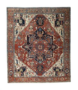 Full view of 1930s Heriz rug from Iran / Persia, 391 × 328 cm in Red tones