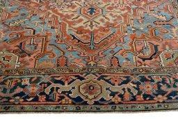 Full view of 1930s Heriz rug from Iran / Persia, 345 × 245 cm in Red tones