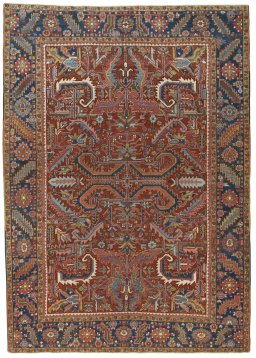 Full view of 1930s Heriz rug from Iran / Persia, 314 × 225 cm in Red tones