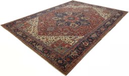 Corner detail of 1930s Heriz rug showing border pattern and Wool pile