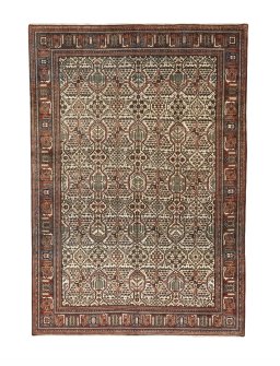 Full view of 1950s Joshagan rug from Iran / Persia, 345 × 240 cm in Beige tones