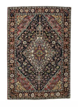 Full view of 1950s Jozan rug from Iran / Persia, 153 × 106 cm in Blue tones