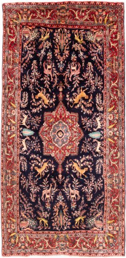 Full view of 1975s Koliai rug from Iran / Persia, 328 × 159 cm in Dark blue tones