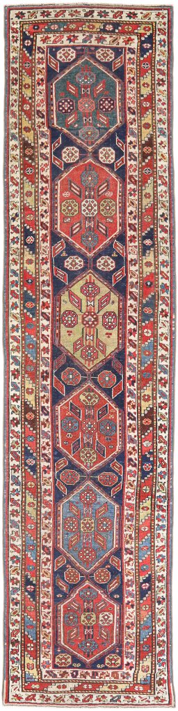 Full view of 1900s Kurdi rug from Iran / Persia, 411 × 96 cm in Dark blue tones