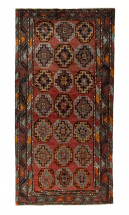 Full view of 2000s Kurdi rug from Iran / Persia, 290 × 147 cm in Red tones