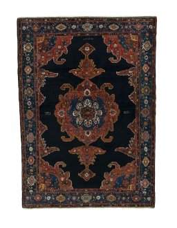 Full view of 1950s Kurdi rug from Iran / Persia, 211 × 152 cm in Blue tones