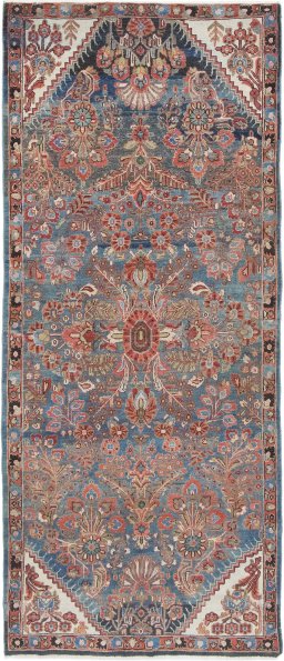 Full view of 1920s Malayer rug from Iran / Persia, 255 × 110 cm in Blue tones
