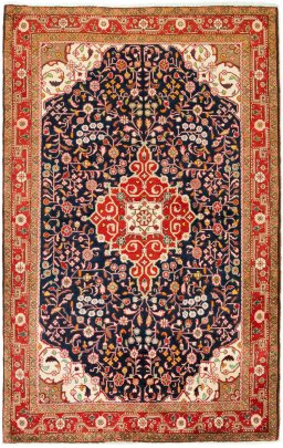 Full view of 1950s Malayer rug from Iran / Persia, 207 × 134 cm in Dark blue tones