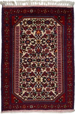 Full view of 1970s Malayer rug from Iran / Persia, 123 × 89 cm in Cream tones