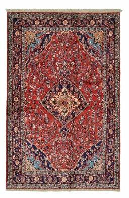 Full view of 2000s Malayer rug from Iran / Persia, 215 × 135 cm in Red tones