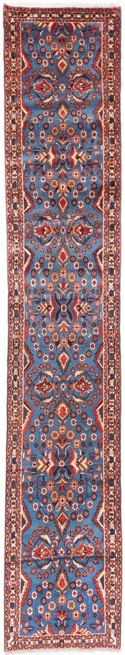Full view of 1999s Malayer rug from Iran / Persia, 404 × 75 cm in Dark blue tones
