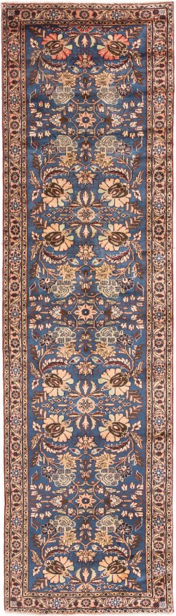 Full view of 1981s Malayer rug from Iran / Persia, 295 × 82 cm in Dark blue tones