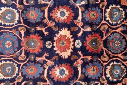Full view of 1979s Malayer rug from Iran / Persia, 318 × 150 cm in Dark blue tones