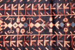 Full view of 1974s Malayer rug from Iran / Persia, 295 × 83 cm in Dark blue tones