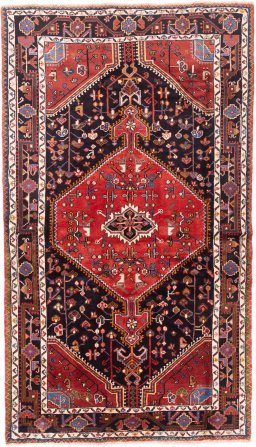 Full view of 1975s Malayer rug from Iran / Persia, 232 × 133 cm in Red tones