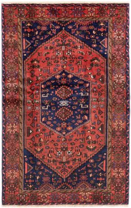 Full view of 1975s Malayer rug from Iran / Persia, 227 × 130 cm in Terracotta tones
