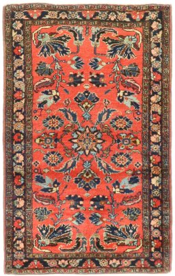 Full view of 1940s Mehraban rug from Iran / Persia, 125 × 75 cm in Red tones