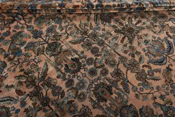 Close-up detail of 1930s Mehraban rug from Iran / Persia showing Wool weave