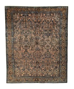 Full view of 1930s Mehraban rug from Iran / Persia, 410 × 332 cm in Red tones