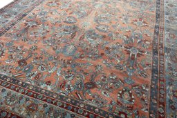 Close-up detail of 1930s Mehraban rug from Iran / Persia showing Wool weave