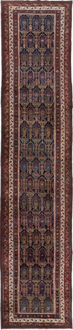 Full view of 1930s Meshkin rug from Iran / Persia, 461 × 97 cm in Dark blue tones
