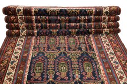 Full view of 1930s Meshkin rug from Iran / Persia, 461 × 97 cm in Dark blue tones