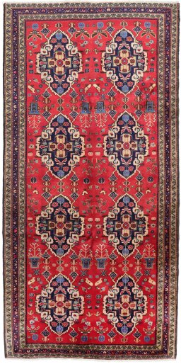 Full view of 2000s Meshkin rug from Iran / Persia, 310 × 155 cm in Red tones