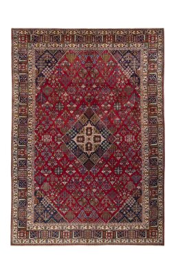 Full view of 1970s Meymeh rug from Iran / Persia, 423 × 302 cm in Red tones