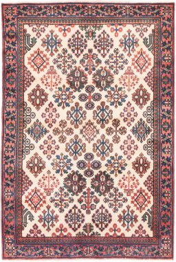 Full view of 1999s Meymeh rug from Iran / Persia, 150 × 100 cm in Cream tones