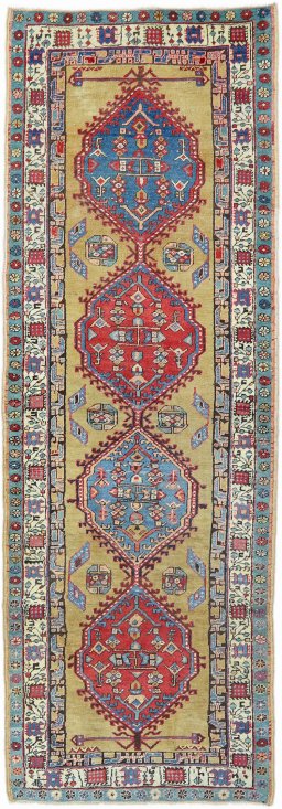 Full view of 1900s Sarab rug from Iran / Persia, 314 × 108 cm in Yellow tones