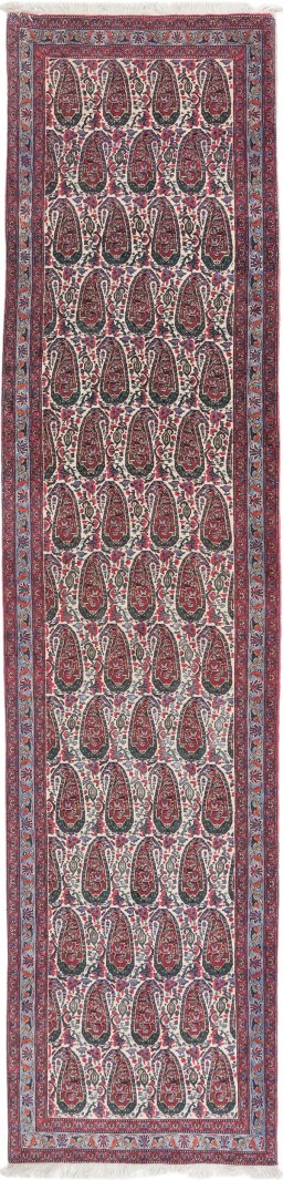Full view of 1980s Senneh rug from Iran / Persia, 392 × 91 cm in Cream tones
