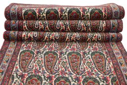 Full view of 1980s Senneh rug from Iran / Persia, 392 × 91 cm in Cream tones