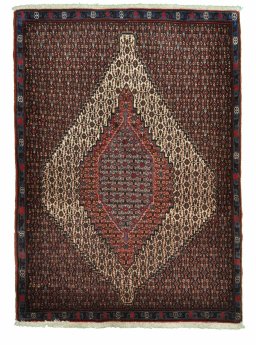 Full view of New Senneh rug from Iran / Persia, 108 × 78 cm in Beige tones