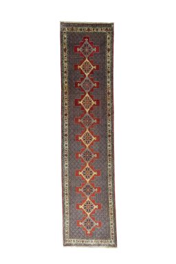 Full view of New Senneh rug from Iran / Persia, 377 × 91 cm in Red tones