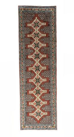 Full view of 2000s Senneh rug from Iran / Persia, 302 × 92 cm in Red tones