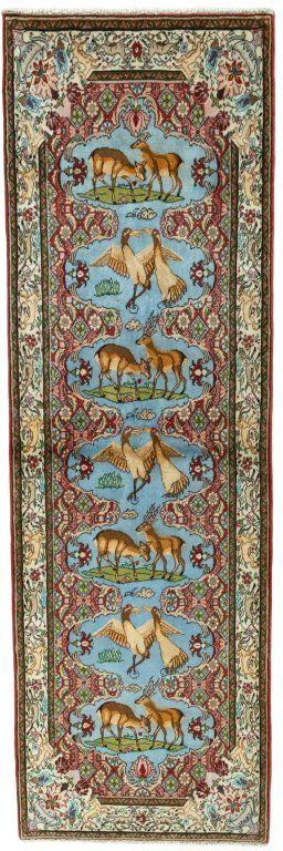 Full view of 2000s Senneh rug from Iran / Persia, 280 × 91 cm in Blue tones