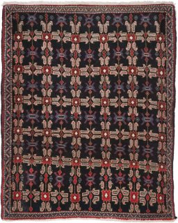 Full view of 1950s Senneh rug from Iran / Persia, 105 × 85 cm in Multi Color tones