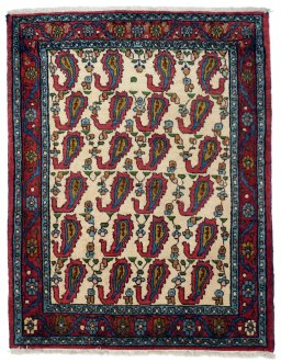 Full view of 1990s Senneh rug from Iran / Persia, 100 × 75 cm in Beige tones