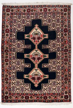 Full view of 1990s Senneh rug from Iran / Persia, 104 × 76 cm in Black tones