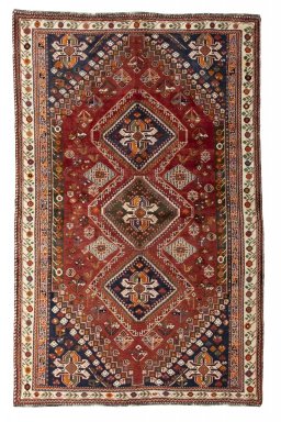 Full view of 2000s Shiraz rug from Iran / Persia, 257 × 162 cm in Red tones