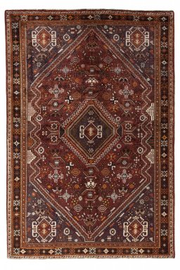 Full view of 2000s Shiraz rug from Iran / Persia, 260 × 175 cm in Red tones