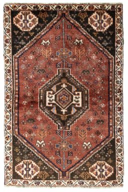Full view of 2000s Shiraz rug from Iran / Persia, 153 × 100 cm in Red tones
